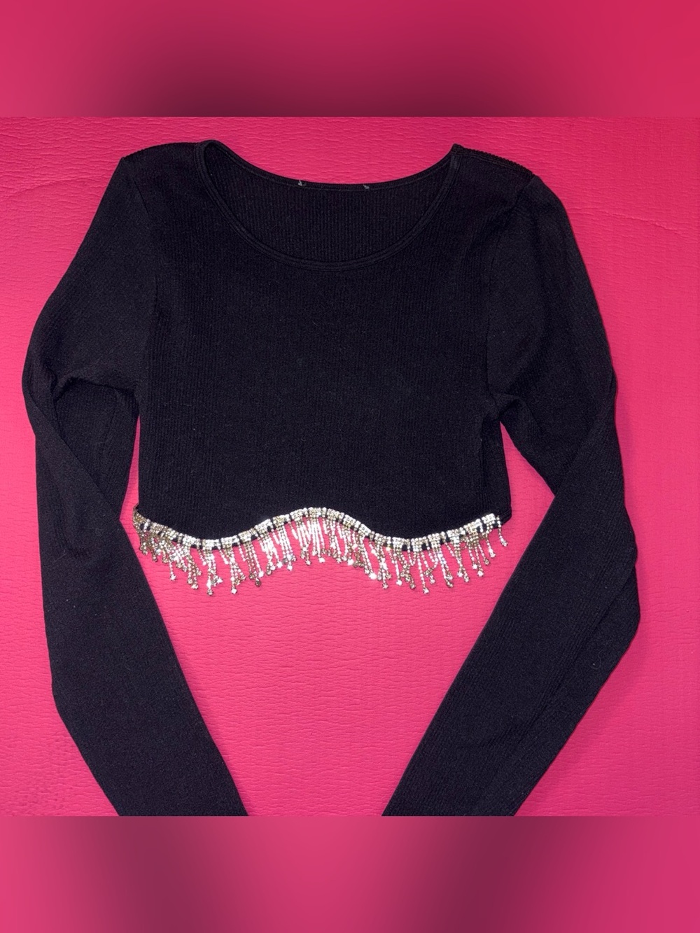Black Cropped Long-Sleeve Top with Silver Beaded Fringe